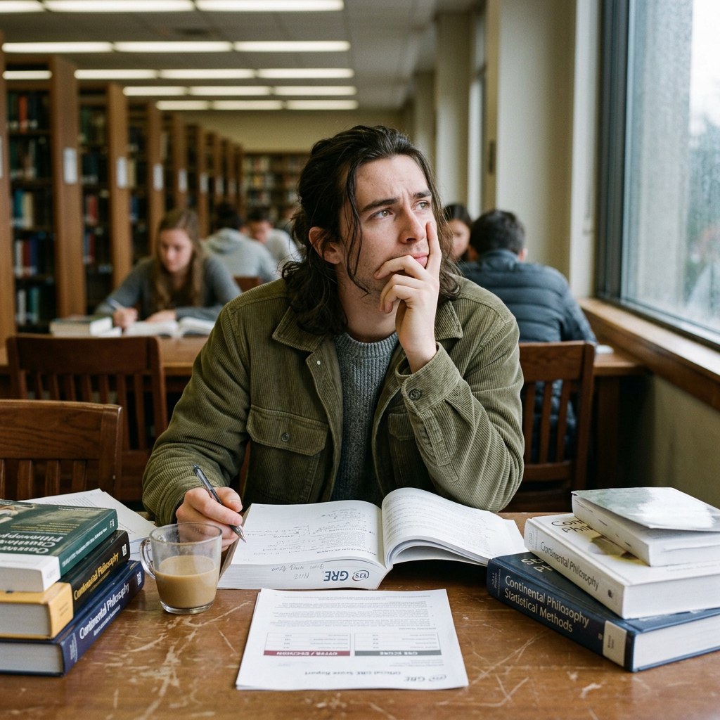 Long-haired intellectual student contemplating GRE decision
