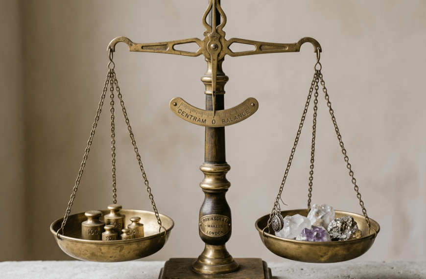 Brass balance scale with calibrated weights on left and assorted stones and a pendant on right symnbolizing Low GPA High GRE