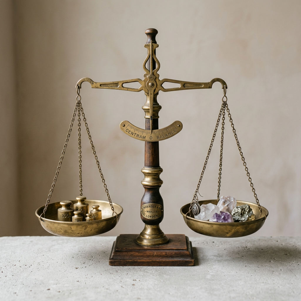 Brass balance scale with calibrated weights on left and assorted stones and a pendant on right symnbolizing Low GPA High GRE