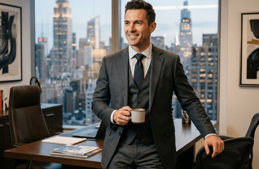Man in a gray suit holding a coffee cup in an office with a city skyline behind him thinking about executive mba requirements