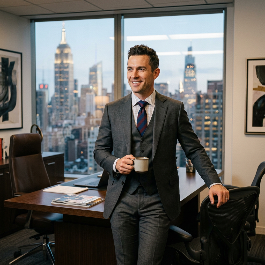 Man in a gray suit holding a coffee cup in an office with a city skyline behind him thinking about executive mba requirements