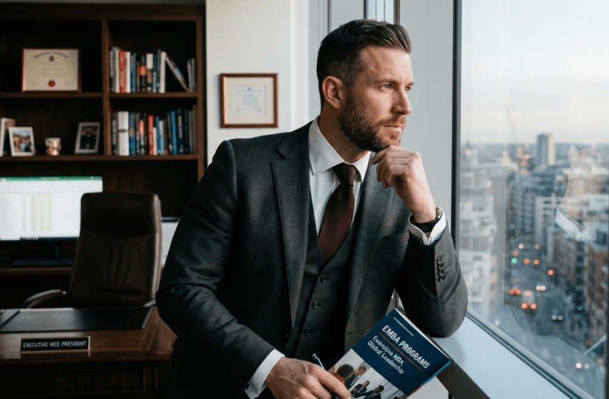 business man at window wondering if he can get into an EMBA without taking the gmat test