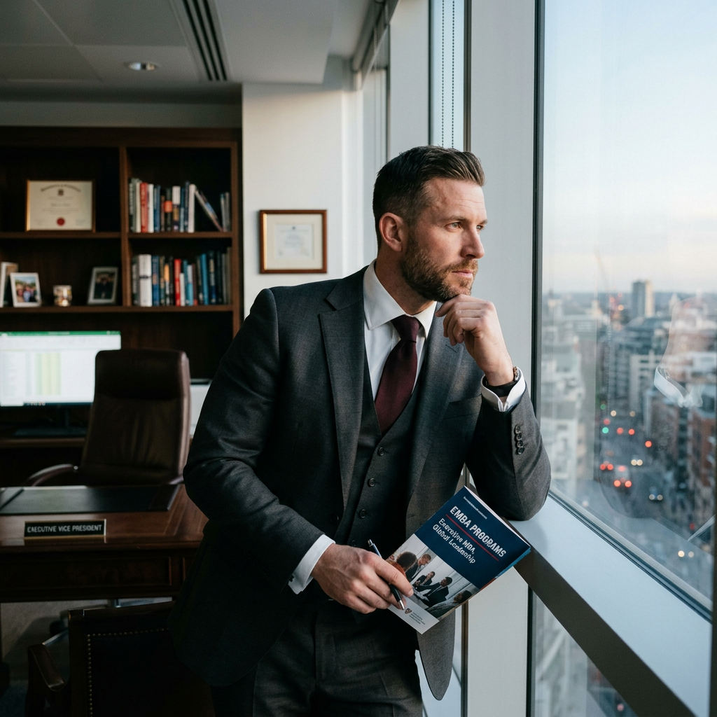 business man at window wondering if he can get into an EMBA without taking the gmat test
