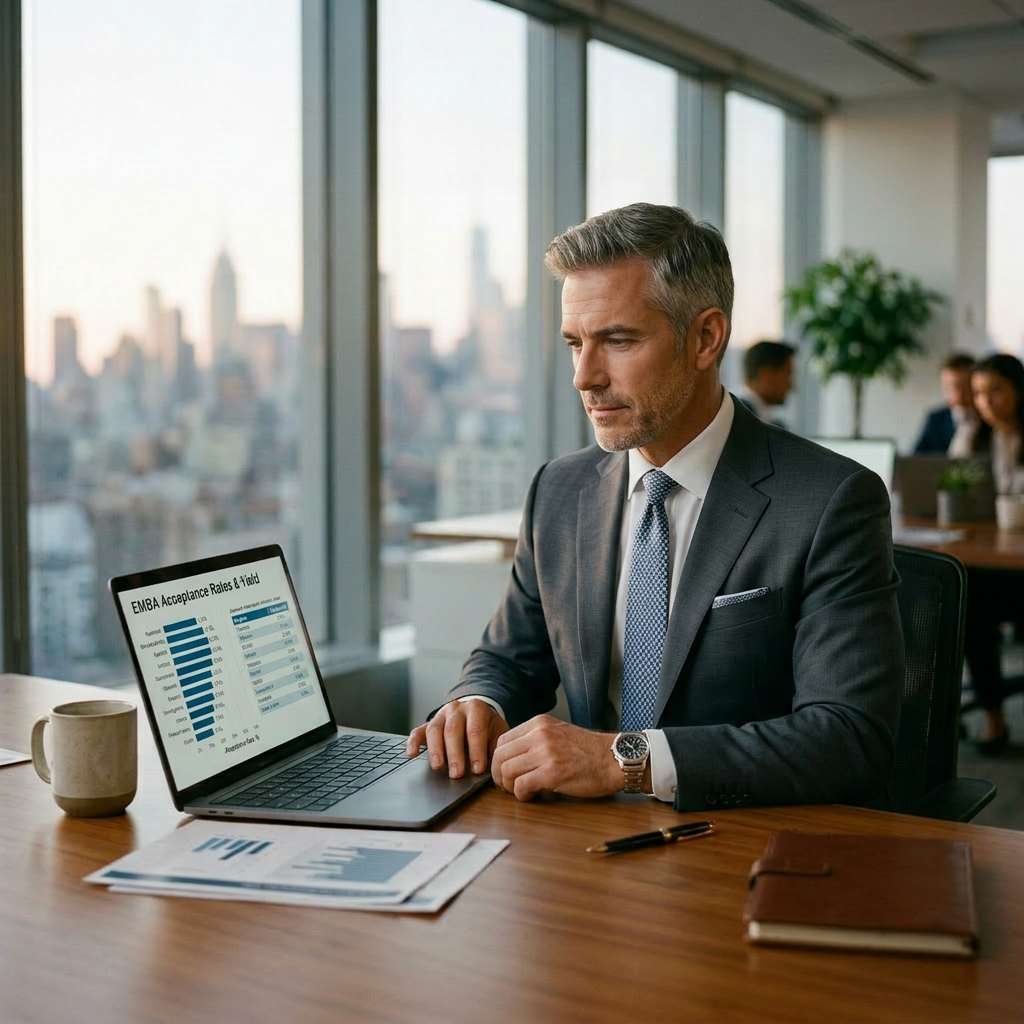 Businessman looking at EMBA acceptance rates chart on laptop screen