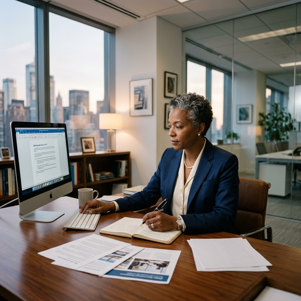 Professional woman in business attire writing in notebook at desk working on her Executive MBA Essays