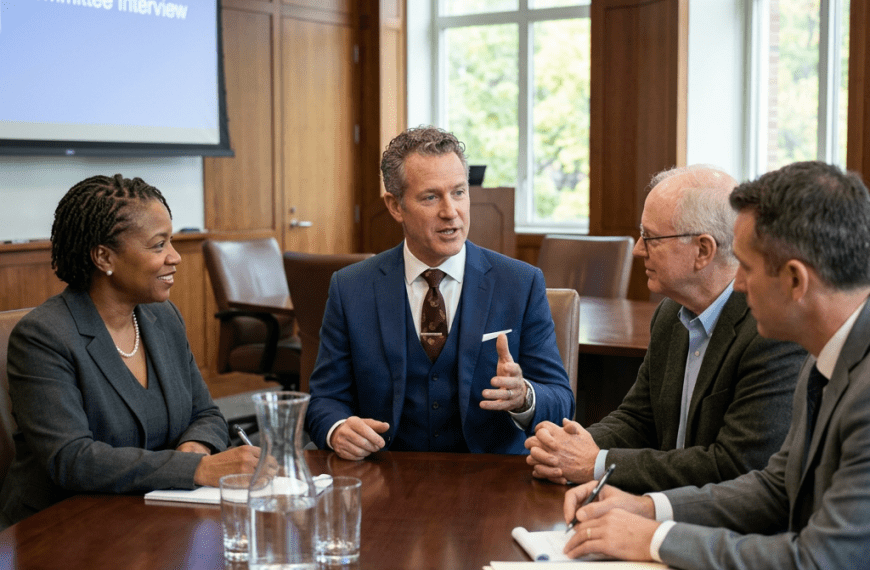 Four professionals sitting at a conference table during an EMBA admissions committee interview questions