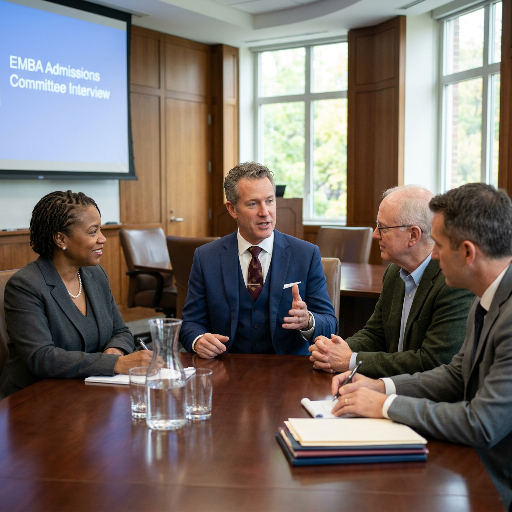 Four professionals sitting at a conference table during an EMBA admissions committee interview questions