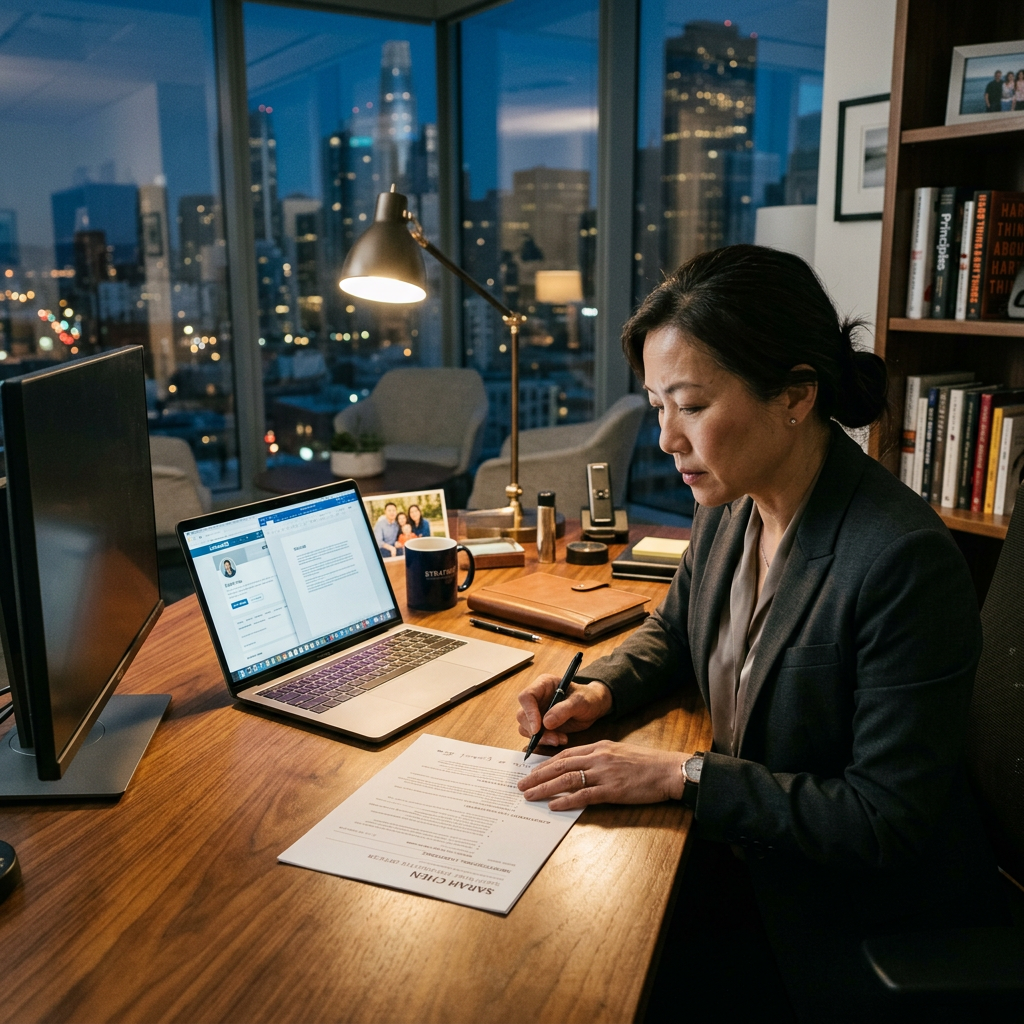 Woman in business at her desk working on her Executive MBA Resume
