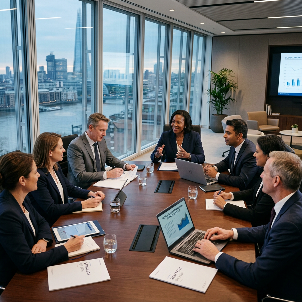Six business professionals in a conference room discussing strategy around a table talking about Executive MBA Cost