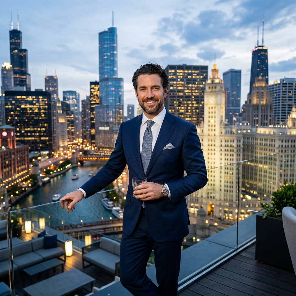Man in navy suit holding a glass standing on rooftop terrace overlooking city skyline at dusk thinking about the Chicago Booth EMBA Acceptance Rate