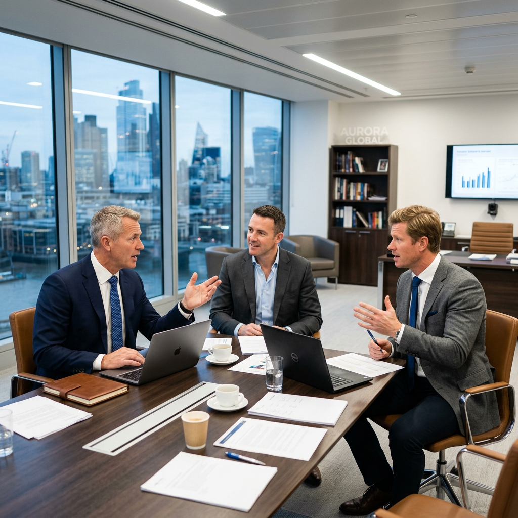 Three men in business attire having a discussion about INSEAD EMBA acceptance rate