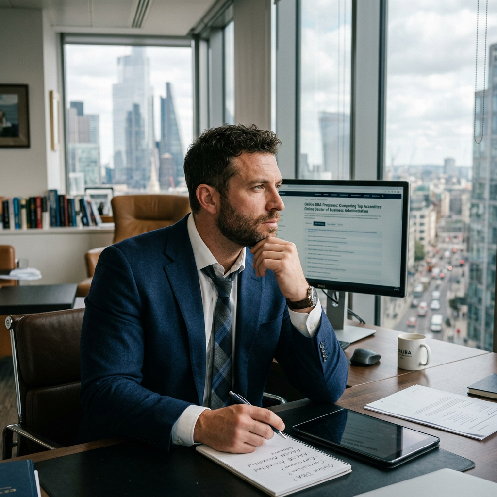 Man in blue suit sitting at desk looking thoughtfully out of office window about Best Online DBA Programs