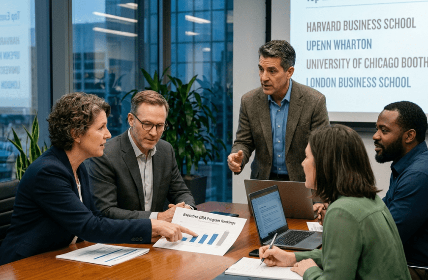 Five professionals discussing DBA program rankings around a conference table