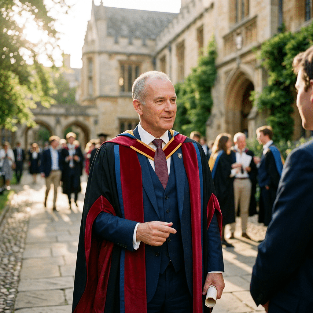 Older man in academic gown who just got a PhD in Business Administration holding diploma talking to another person outside a historic university building