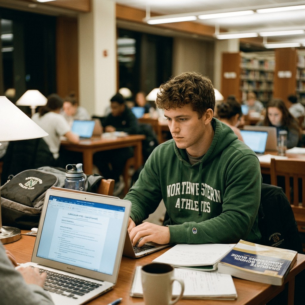 College student typing on a laptop at a library table working on his cv for graduate school
