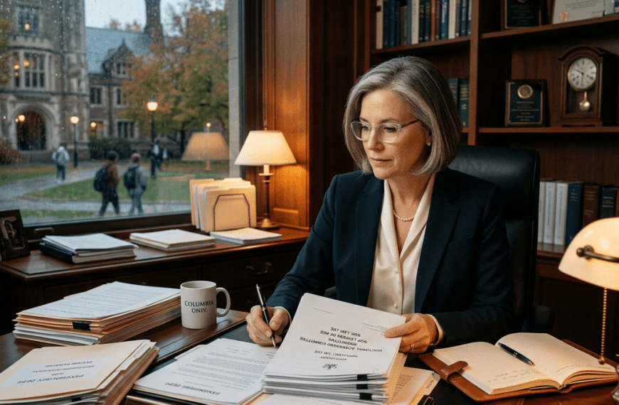 Dean Eleanor Vance sitting at office desk reviewing academic papers with campus visible through window looking at DBA Admission Requirements