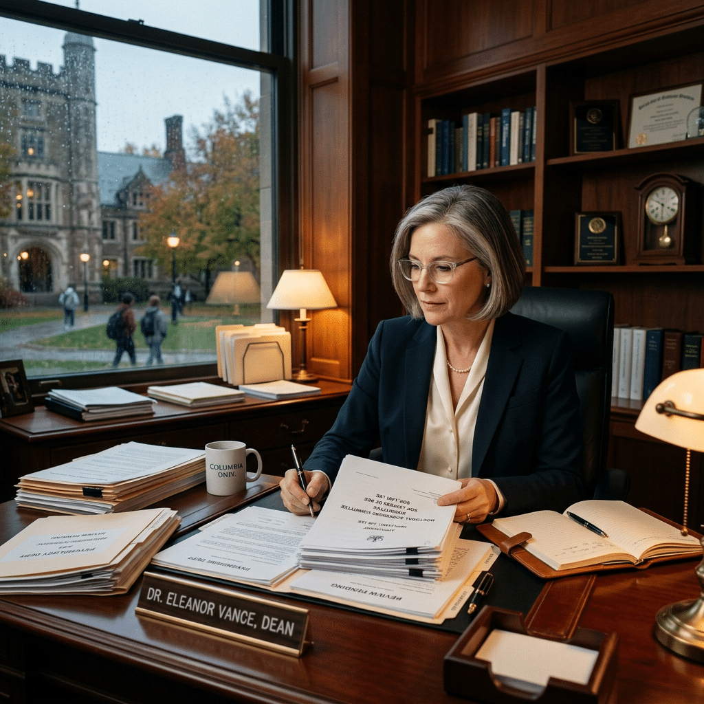 Dean Eleanor Vance sitting at office desk reviewing academic papers with campus visible through window looking at DBA Admission Requirements