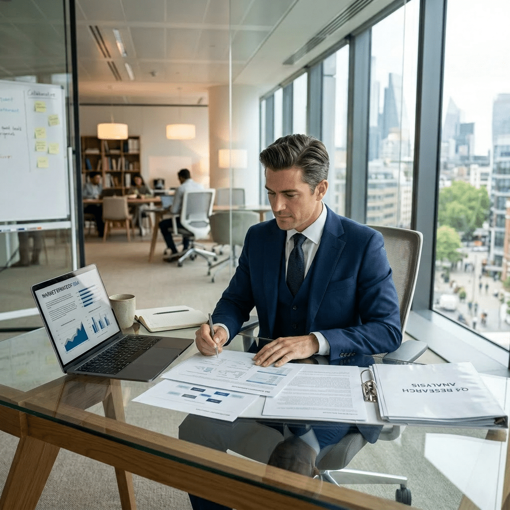Businesswoman reviewing DBA Statement of Purpose at office desk