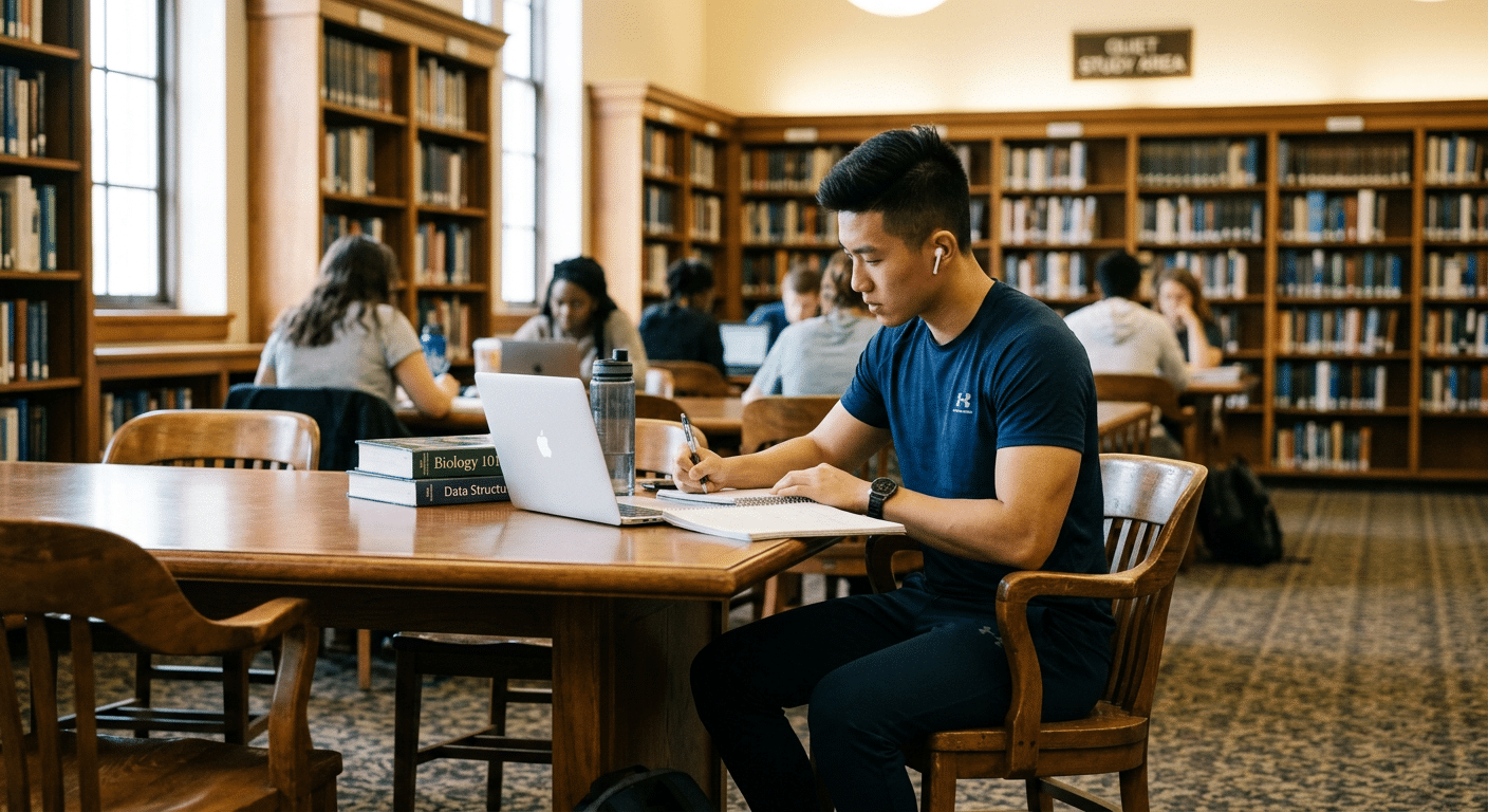 Student sitting at a wooden table in a library writing in notebook with laptop and textbooks working on his Masters in Computer Science Requirements