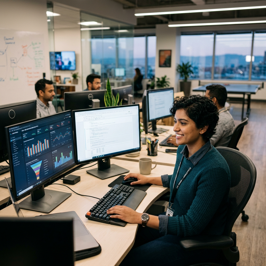 Software developer coding at dual monitors in open office thinking about Masters in Computer Science Salary