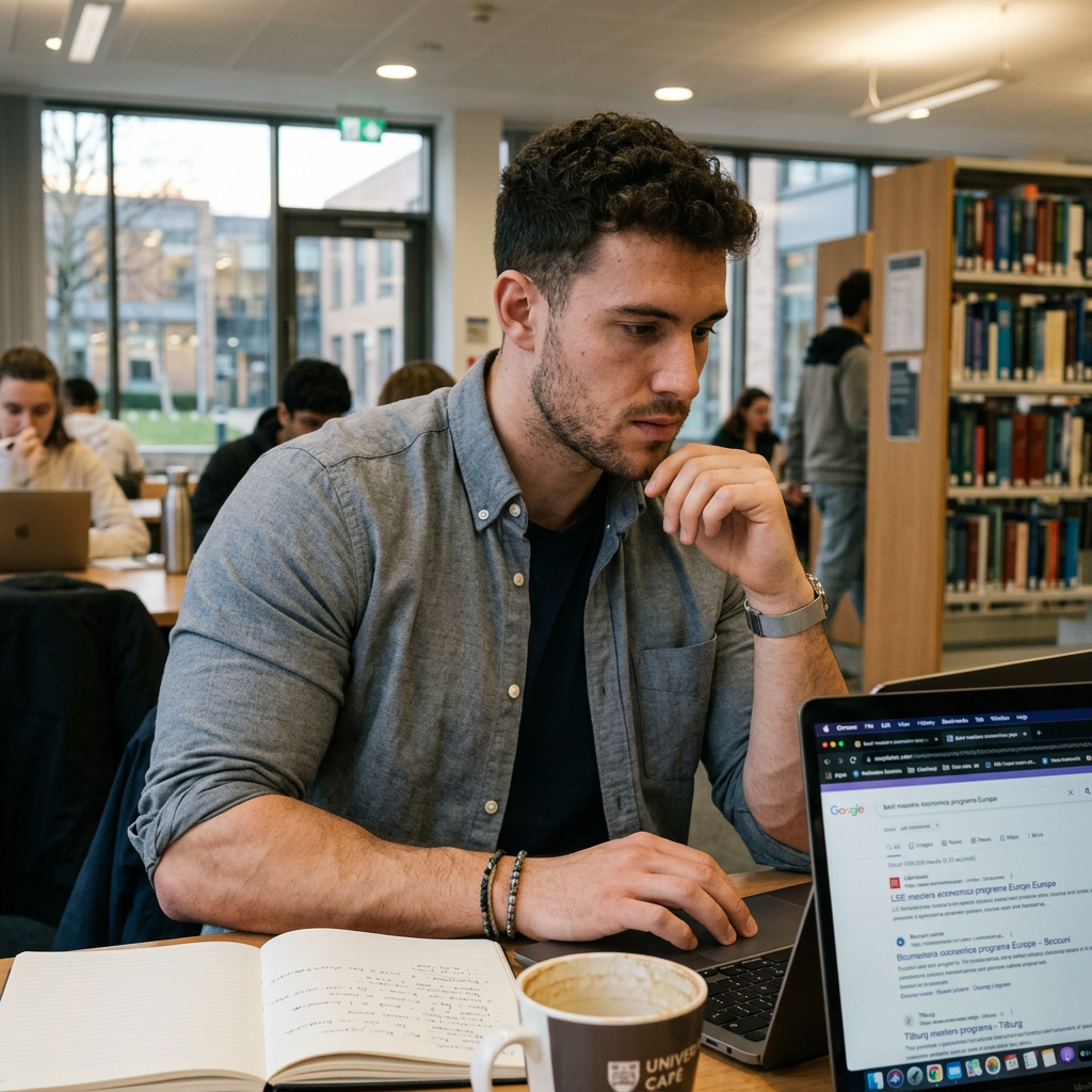 Male student concentrating on laptop with open notebook and coffee in university library and looking if a Masters in Economics Worth It?