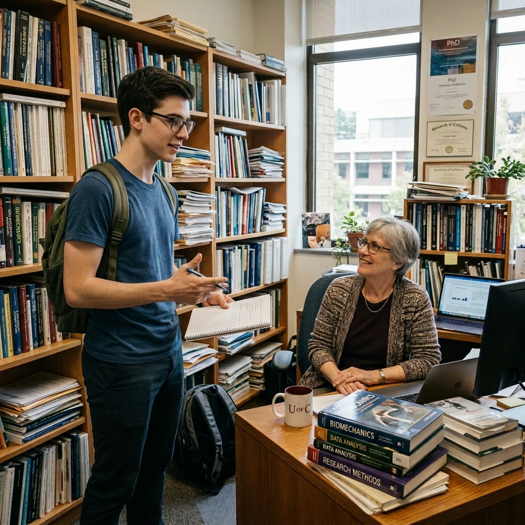 Student with backpack talking to professor seated at desk filled with books in academic office and happy to know When to Contact Potential PhD Advisors