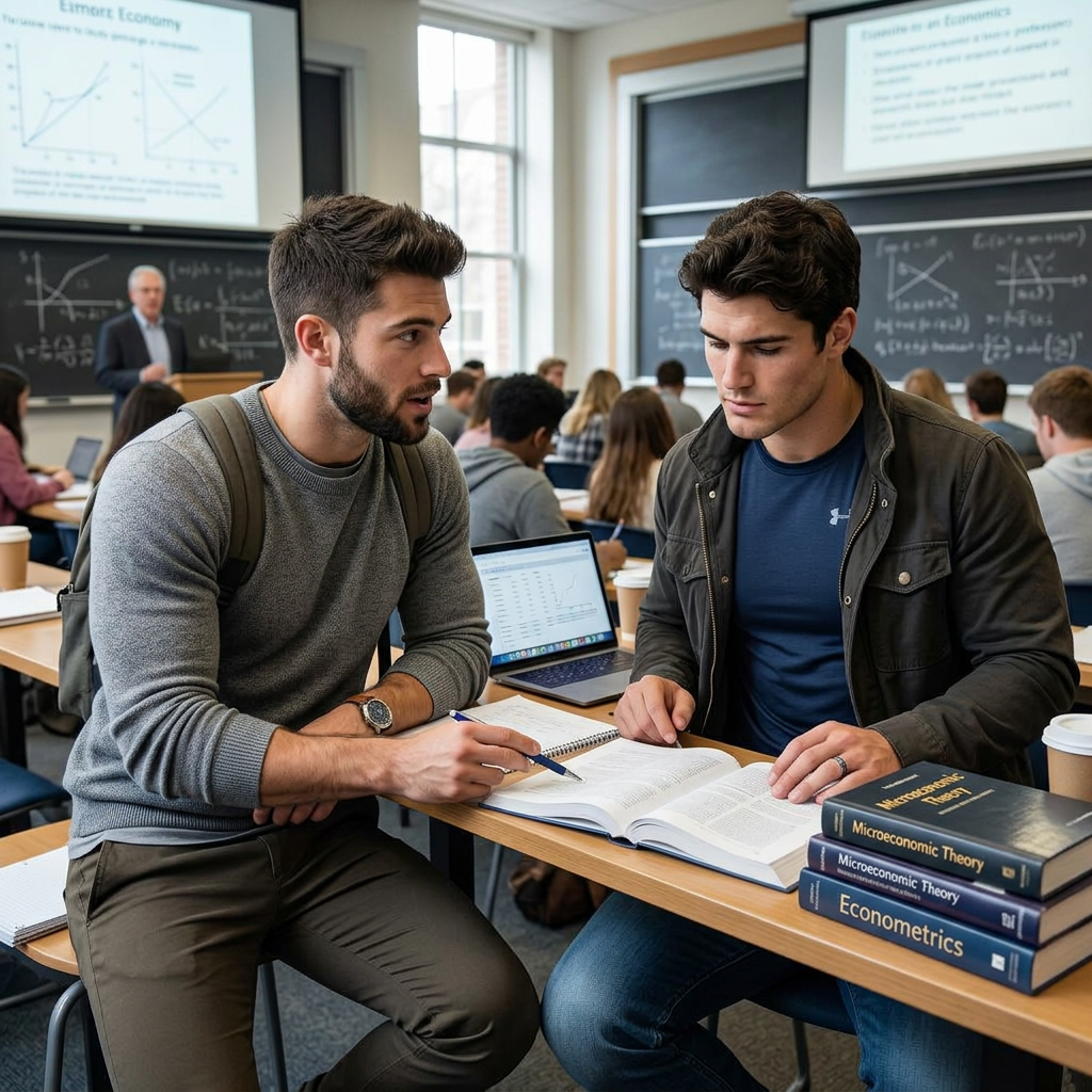 Two students studying economics together with textbooks and laptop and who meet the Masters in Economics Requirements