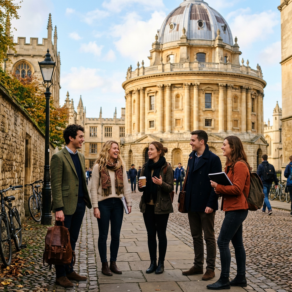 Five university students standing and talking on a cobblestone path by a round historic building and talking about theOxford MPhil Economics Acceptance Rate