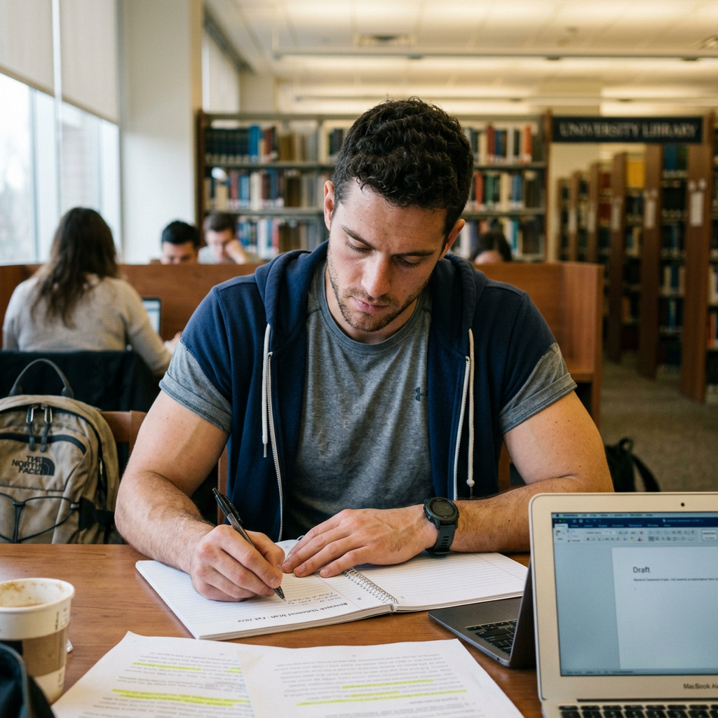 Student writing in notebook at library table with laptop and papers looking at Research Statement Example