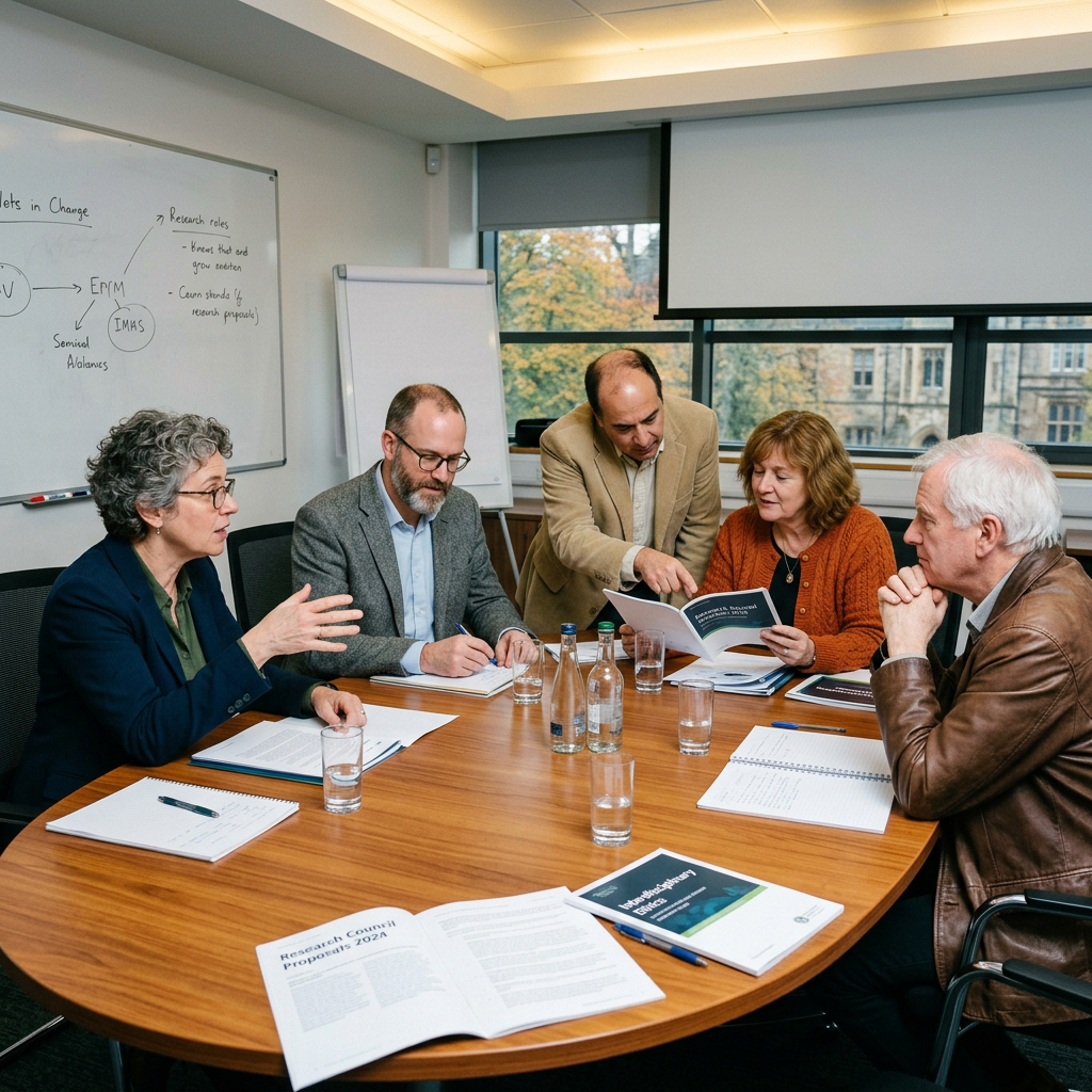 Five professionals reviewing statements of purpose around a table in a conference room