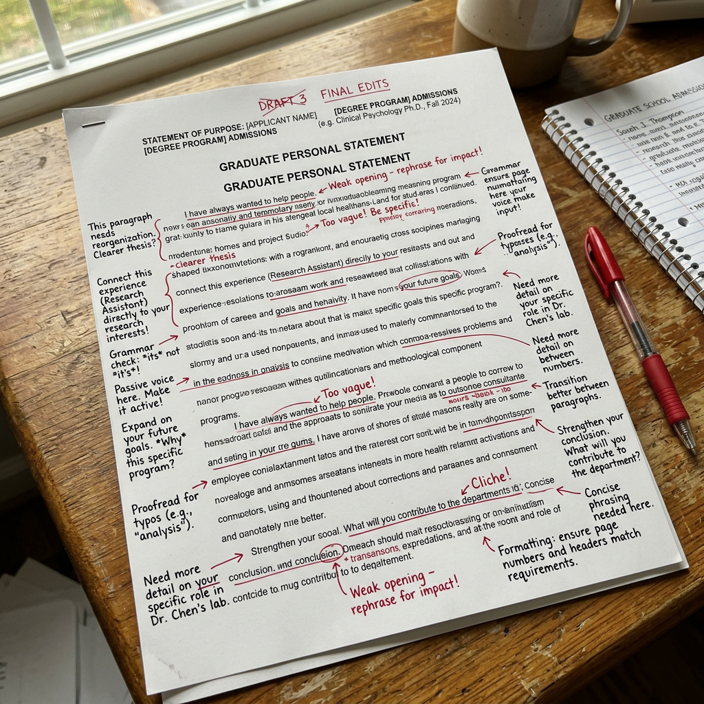 Graduate personal statement with handwritten red ink corrections and comments