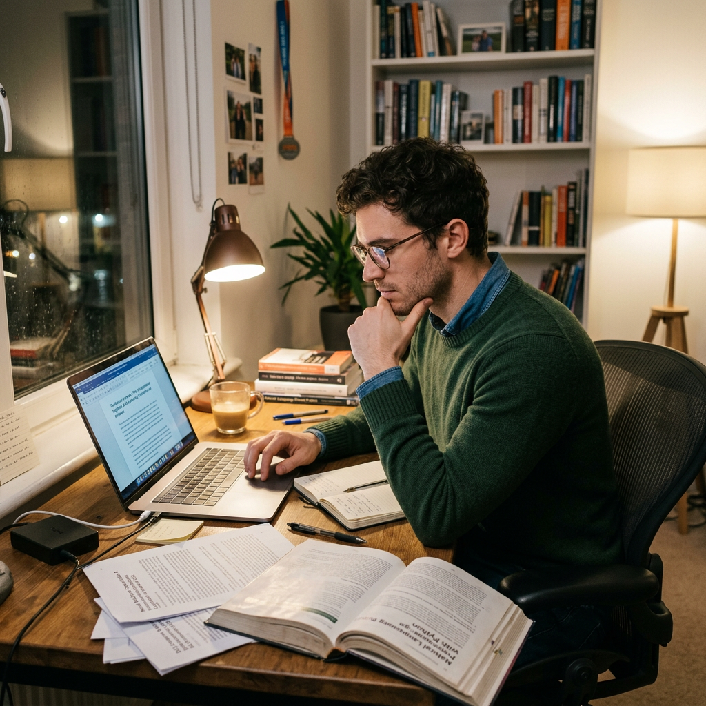 Young man working on laptop on his Personal Statement for PhD