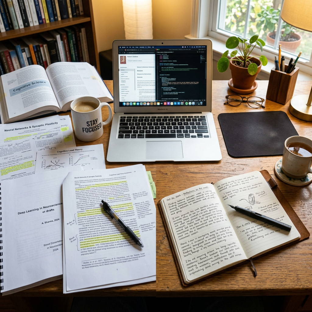 Study desk with neuroscience papers, notebooks, MacBook laptop showing code, coffee mugs, and houseplant with prep for Statement of Purpose vs Personal Statement
