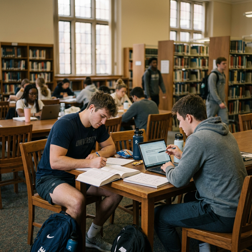 Two male students at a wooden table studying PhD Personal Statement Examples