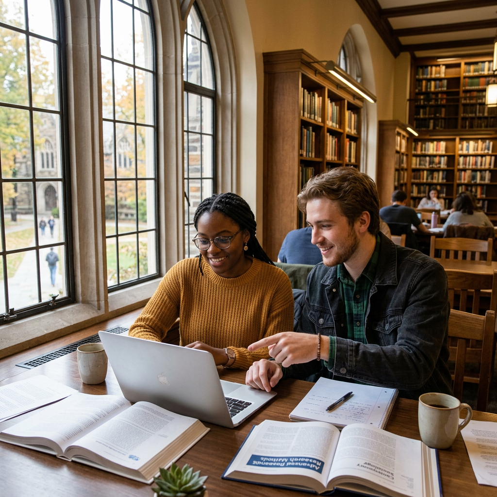 Two students collaborating on a laptop at a wooden table surrounded by open textbooks in a library and looking at Masters Personal Statement Examples
