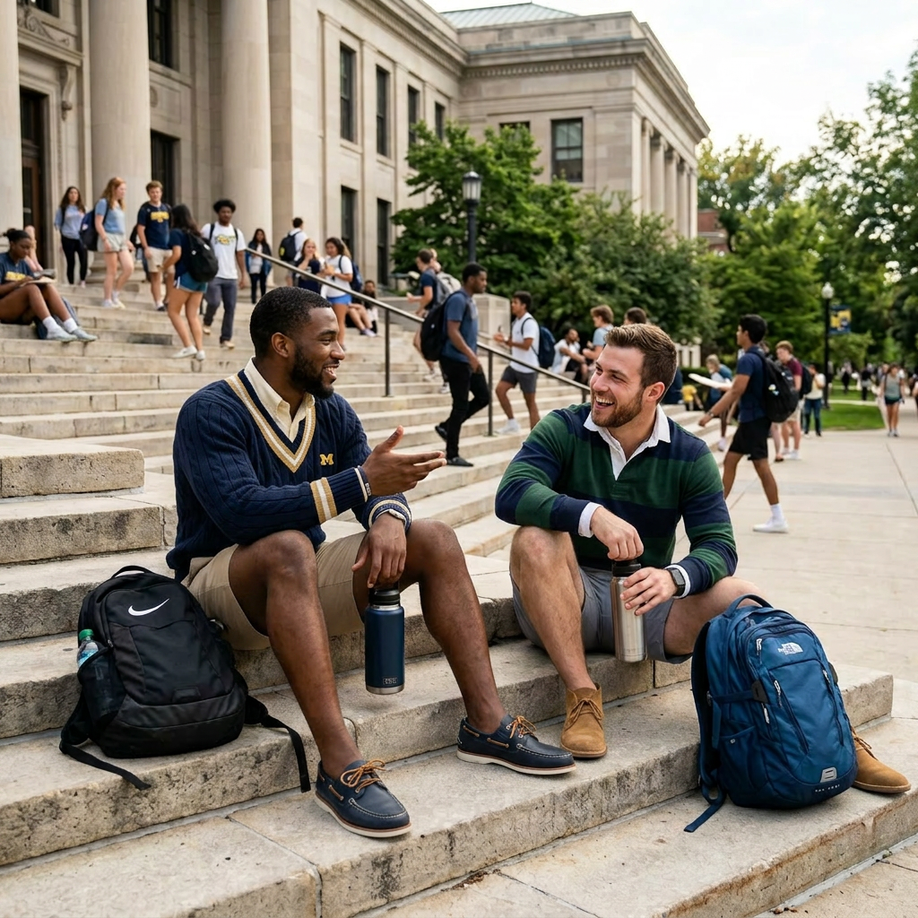 two grad students talking about their Personal Statement for Graduate School on the step of a university.