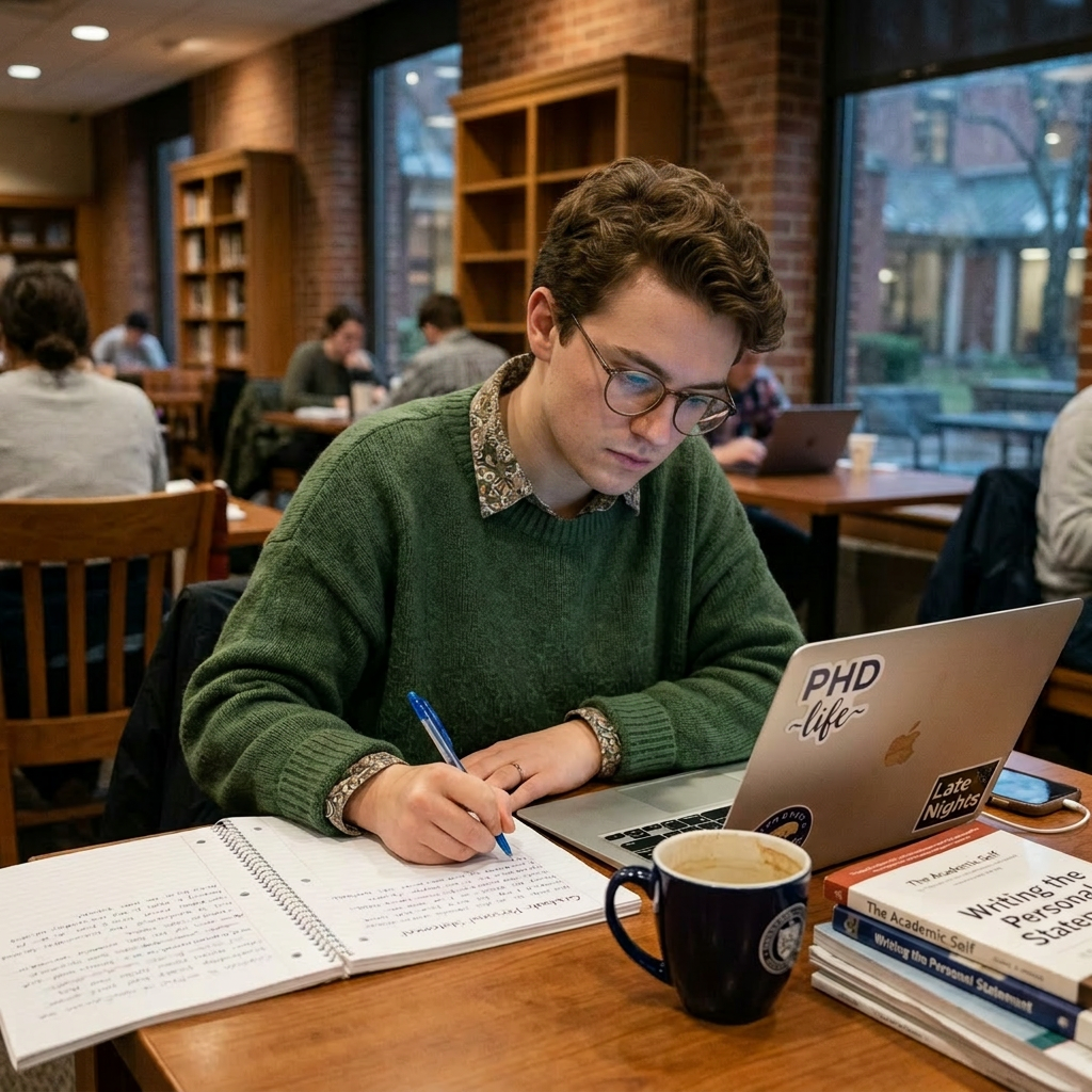 Student writing his personal statement with laptop and books in a library