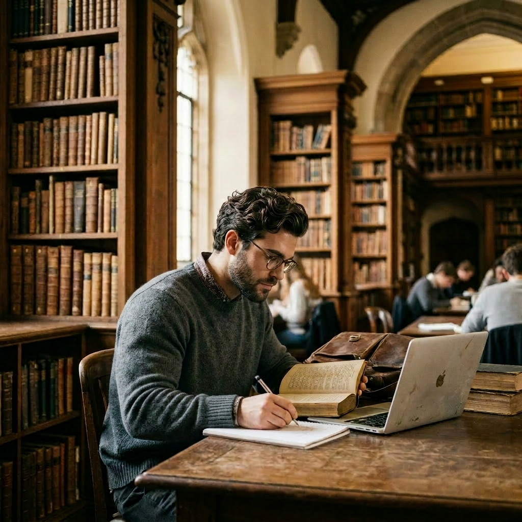 Student writing notes with a book and laptop in a traditional library trying to figure out How to Write a Research Statement
