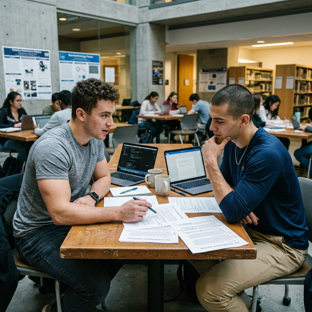 Two students studying a Research Statement Template and laptops at a library table