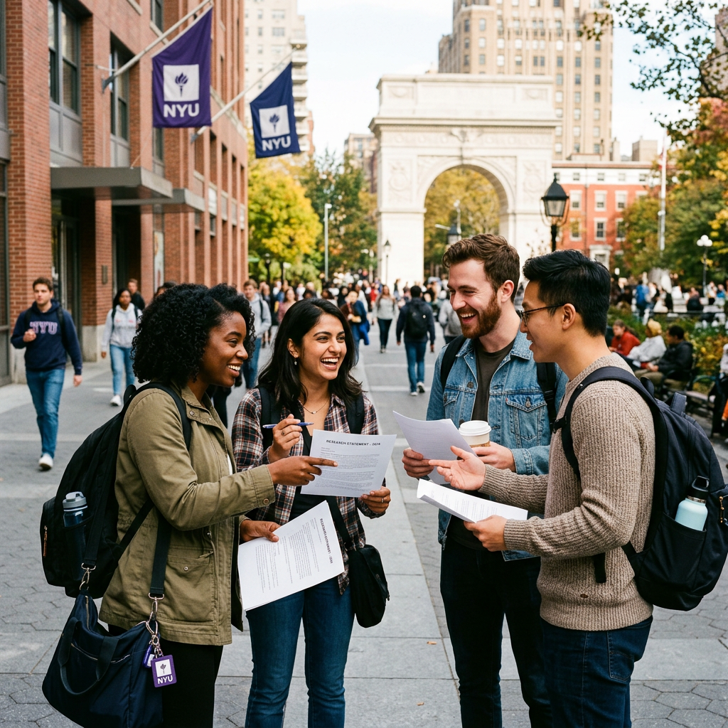 Group of four students holding Statement of Research Interests Example and smiling near NYU flags and Washington Square Arch