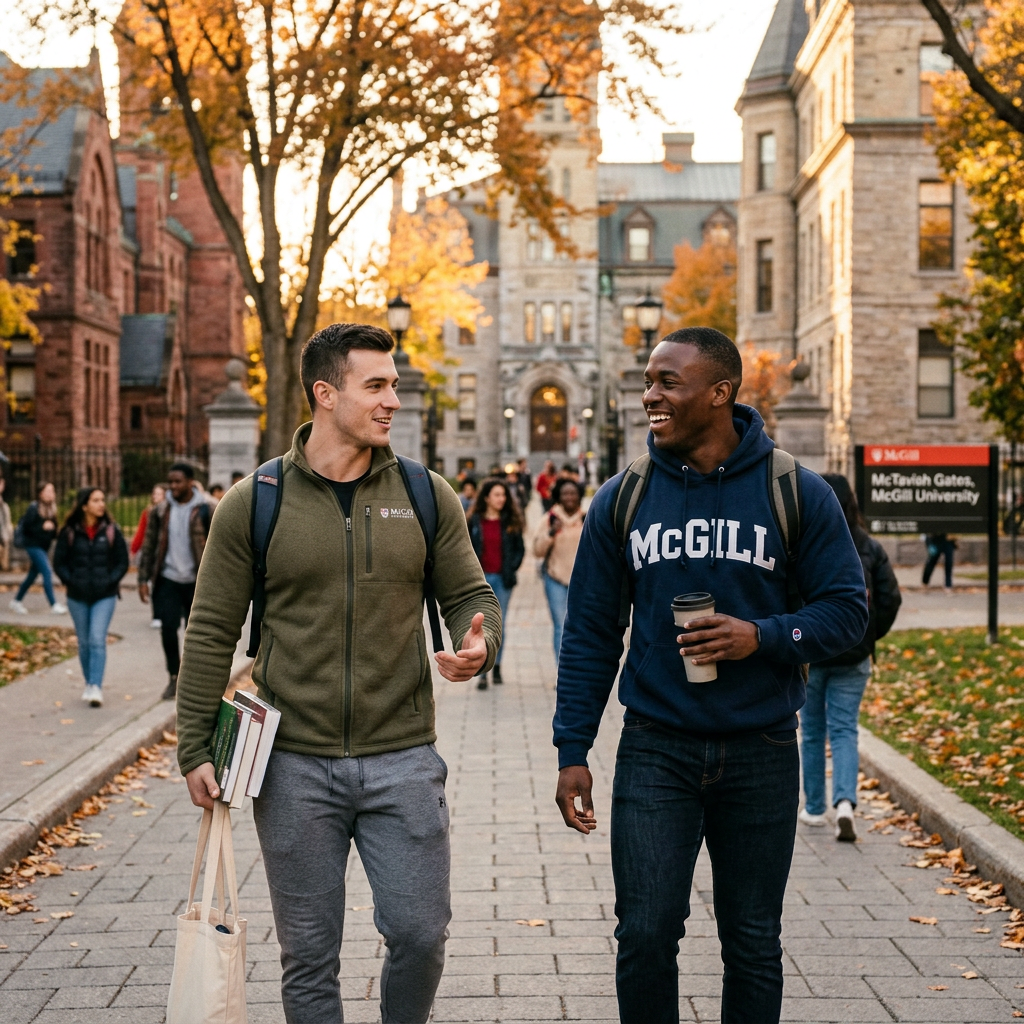Two students walking and talking about their Statement of Interest on a university sidewalk autumn campus