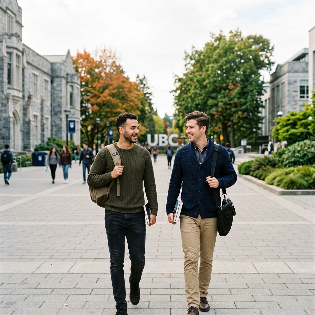 Two male students walking on a university campus pathway, carrying books and backpacks with UBC sign in background and talking about their Letter of Intent for Graduate School