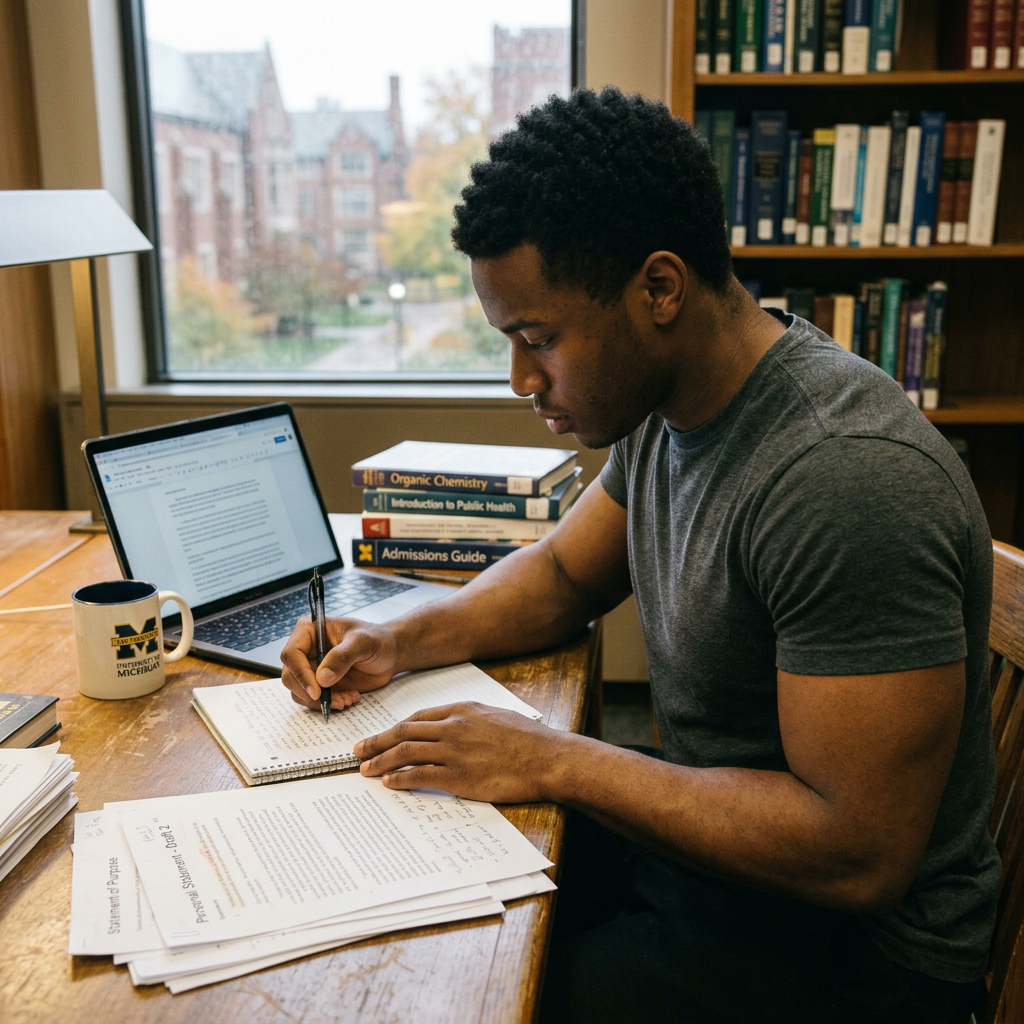 Student writing his Motivation Letter for PhD at a library table with laptop, books, and papers