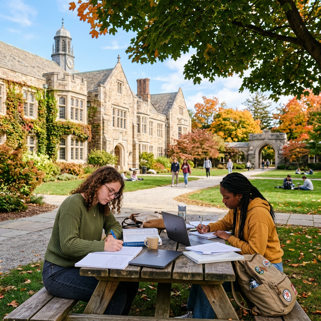 Two students writing their Motivation Letter for Masters and using laptops at an outdoor picnic table on a college campus during autumn