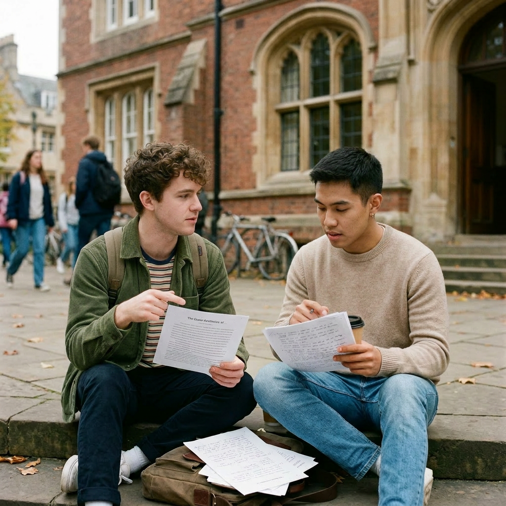 Two students sitting on stone steps outside university with Graduate Application Essays in hand