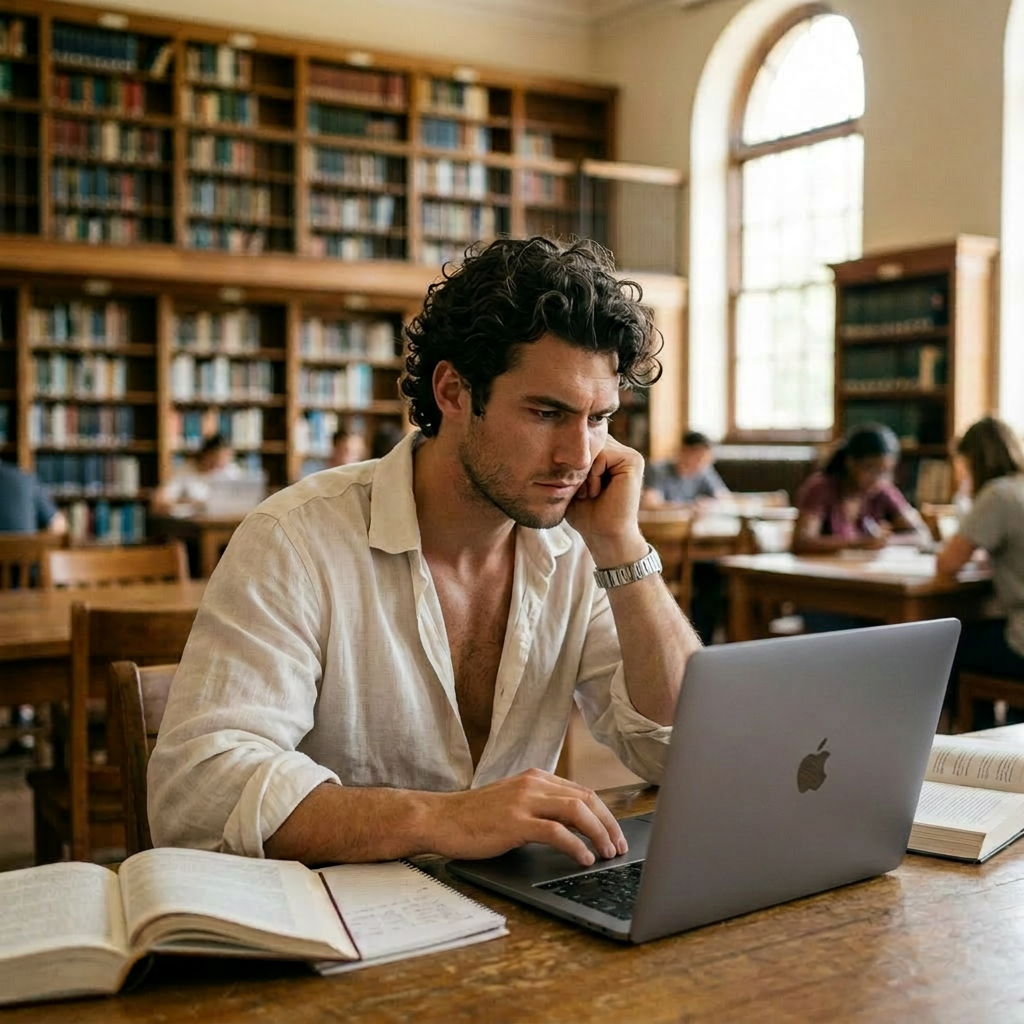 Young man focused on laptop in library surrounded by books and working on his Graduate Application Essay Format
