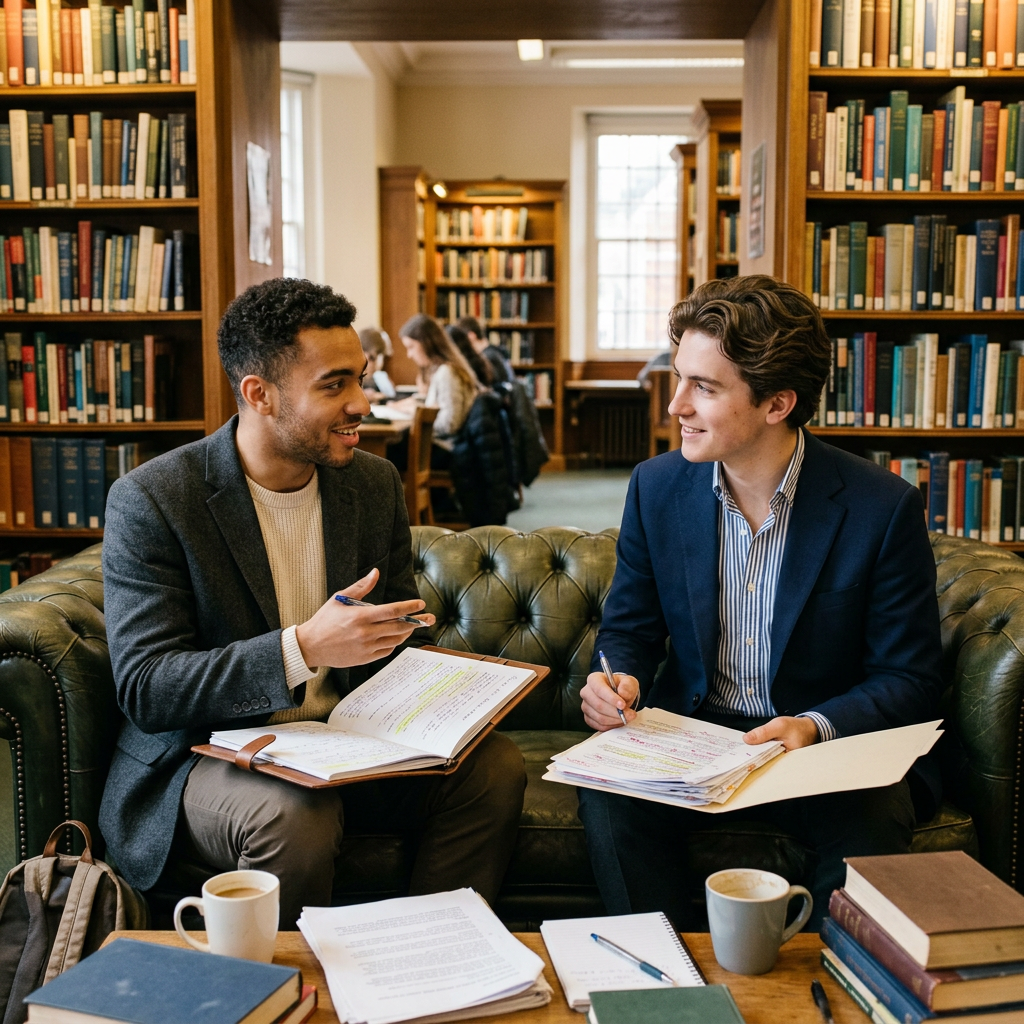 Two students sitting on a leather couch with notebooks and papers, discussing Graduate School Essay Examples