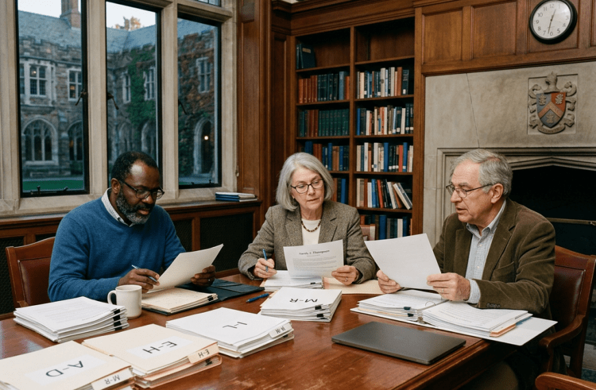 Graduate Admissions Committee seated at a wooden table in a library reading documents