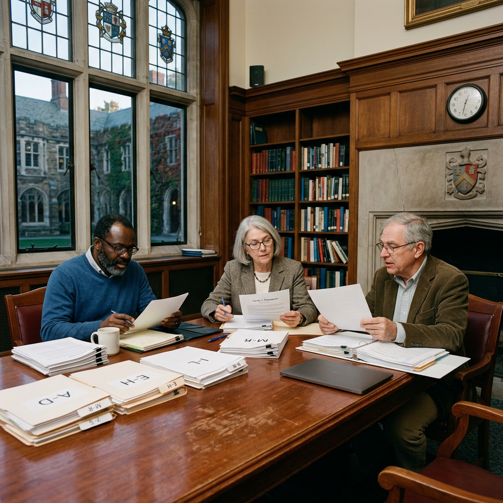 Graduate Admissions Committee seated at a wooden table in a library reading documents