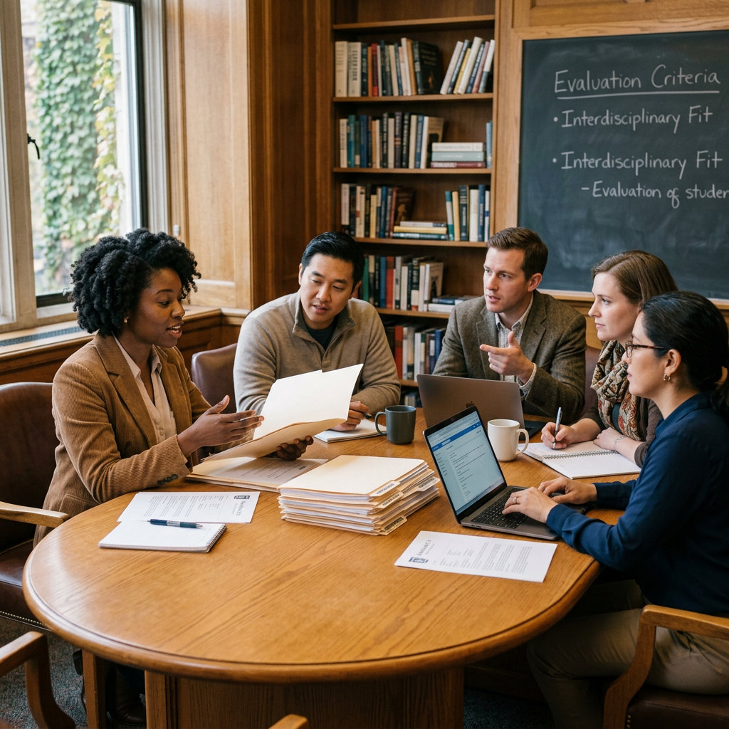 Five people sitting around a table discussing documents during the Graduate School Application Process
